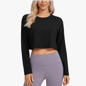 CRZ YOGA Pima Cotton Long Sleeve Shirt Loose Workout Crop Top Black SZ L